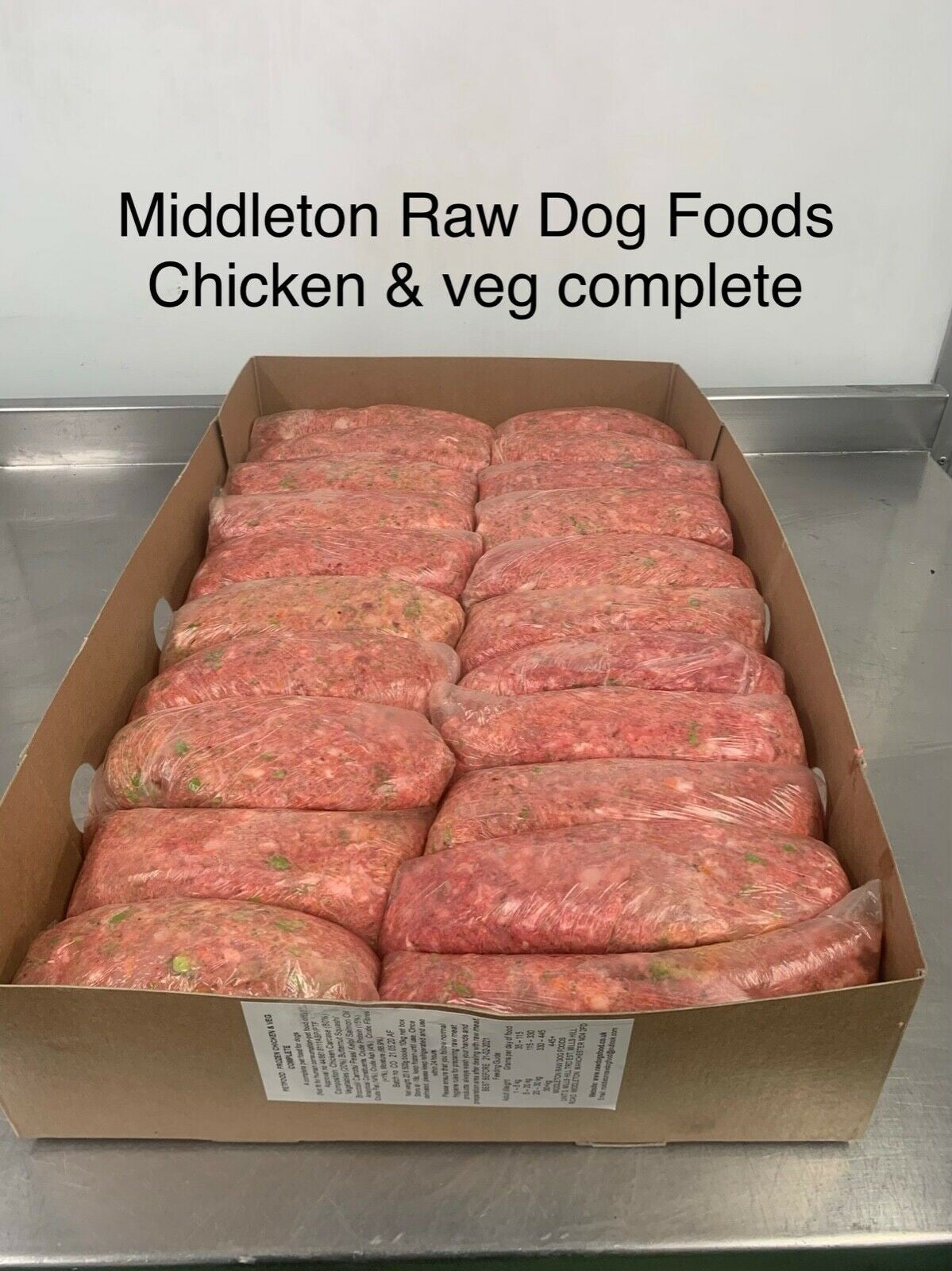 Dog Food Frozen Chicken & veg complete meal 28x500g Chubs 14kg box BARF RAW DIET